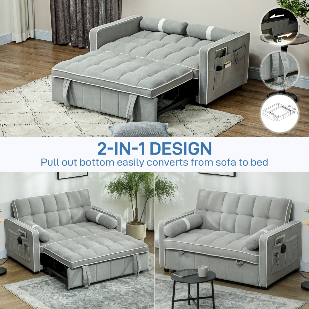 HOMCOM sofa bed 3-level backrest recline
