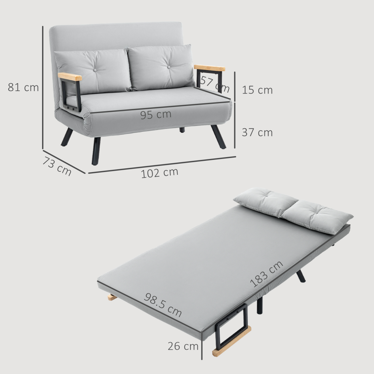 HOMCOM loveseat sofa bed rubber wood armrest detail