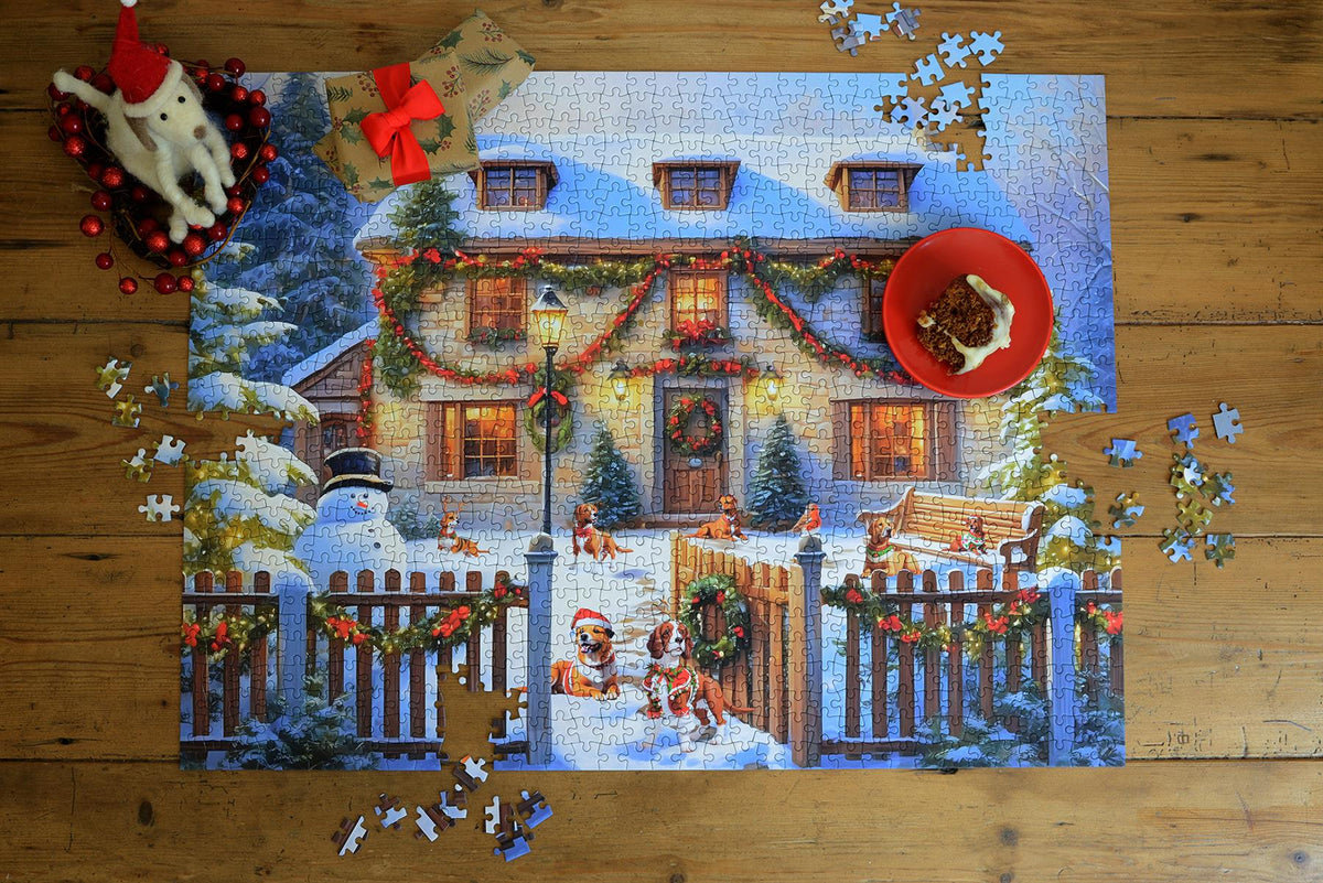 Dogs in a Christmas Cottage Garden 1000 Piece Jigsaw Puzzle – Festive Winter Scene, Family Christmas Activity