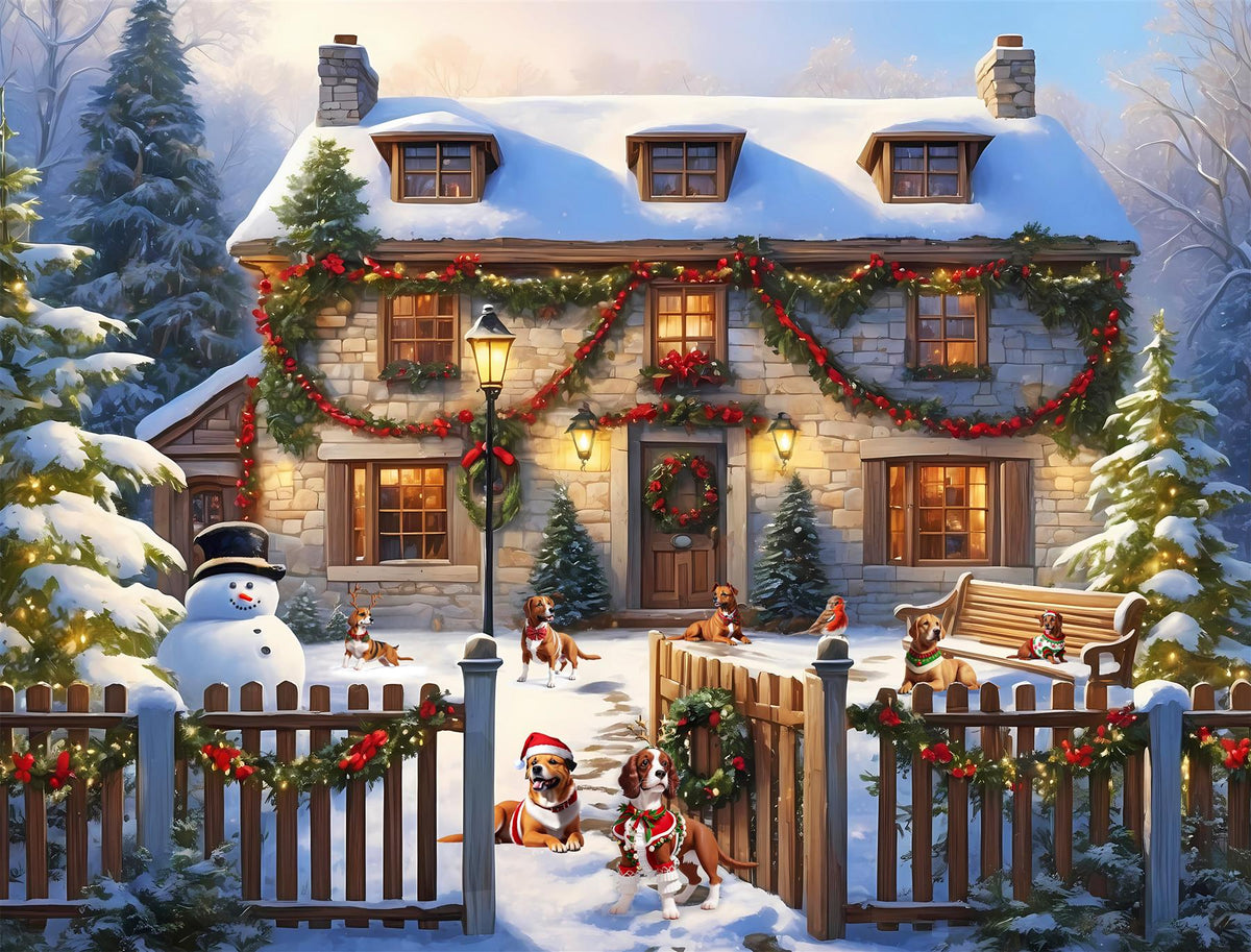 Dogs in a Christmas Cottage Garden 1000 Piece Jigsaw Puzzle – Festive Winter Scene, Family Christmas Activity