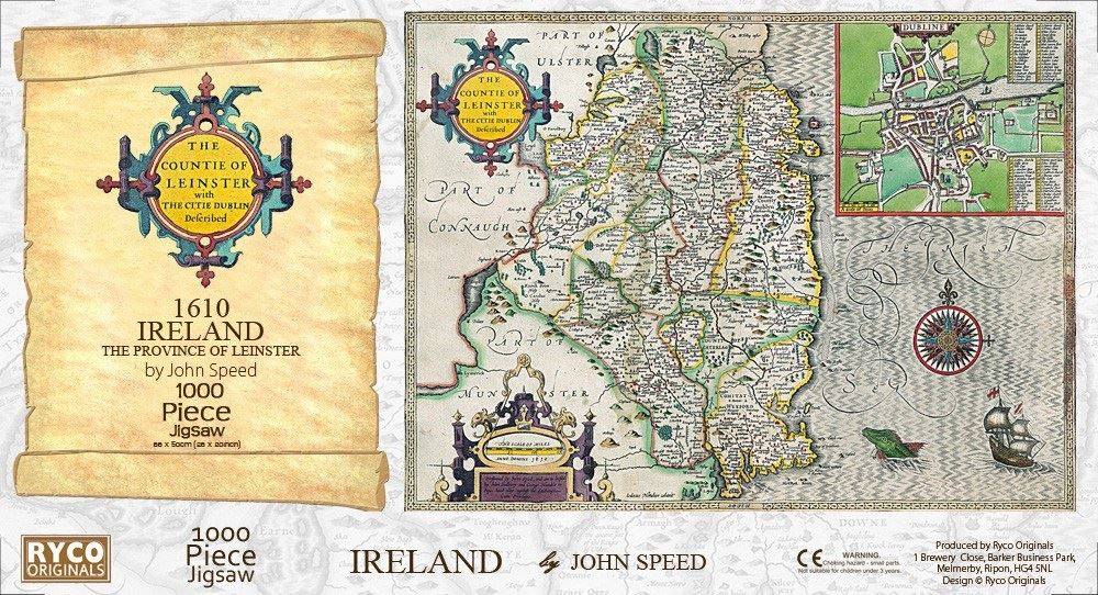 John Speed Leinster Historical Map 1000 Piece Jigsaw Puzzle with Free A3 Guide Print – 1610 Map, 66 x 50cm