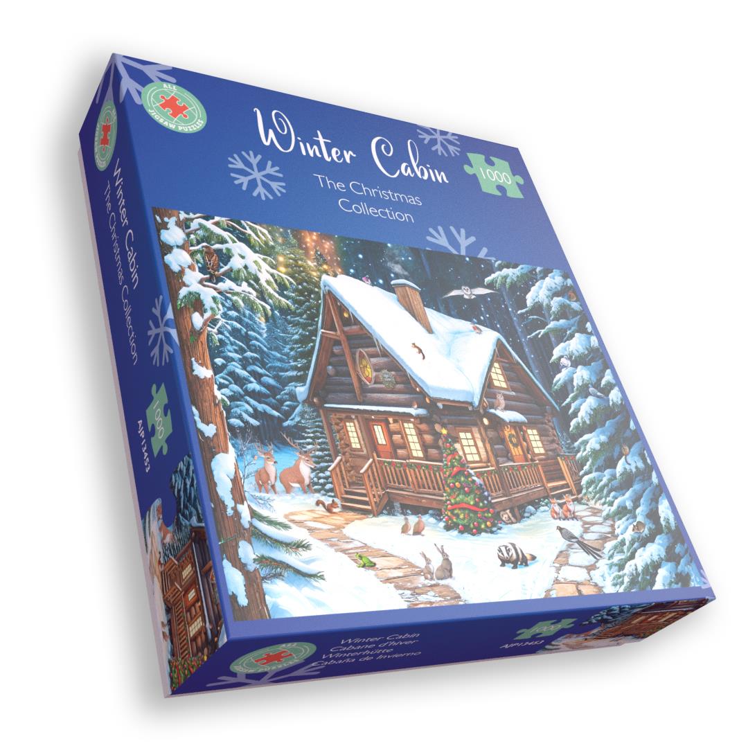 All Jigsaw Puzzles Winter Cabin 1000 Piece Jigsaw Puzzle – Snowy Woodland Scene with Festive Wildlife
