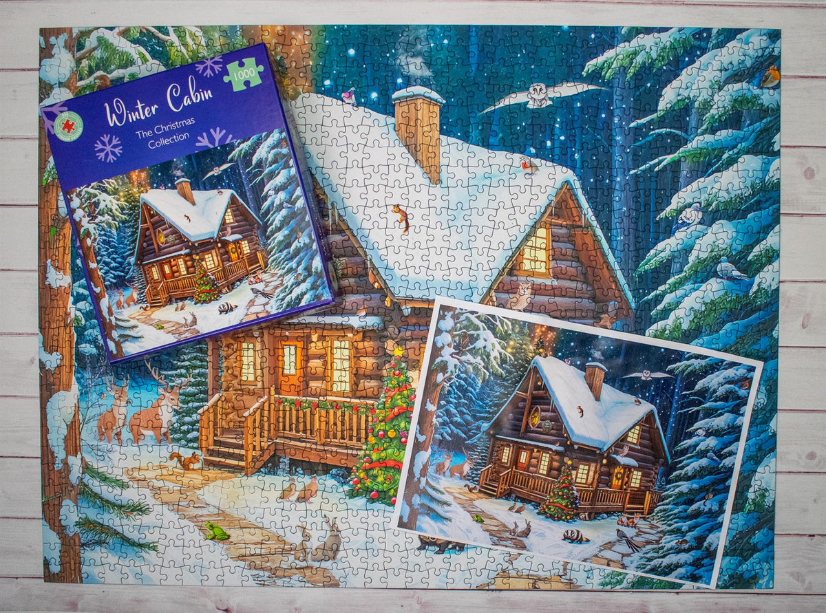 All Jigsaw Puzzles Winter Cabin 1000 Piece Jigsaw Puzzle – Snowy Woodland Scene with Festive Wildlife
