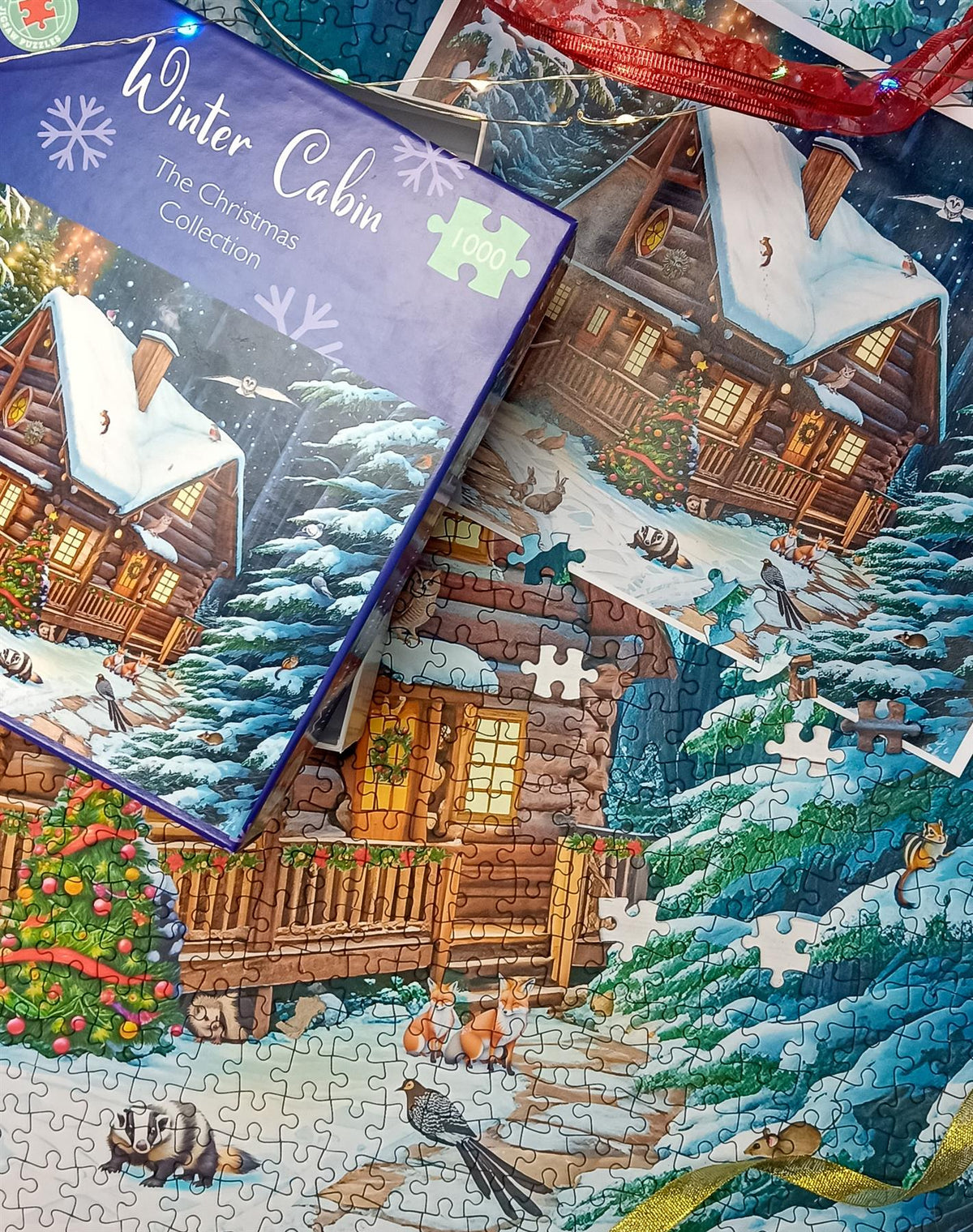 All Jigsaw Puzzles Winter Cabin 1000 Piece Jigsaw Puzzle – Snowy Woodland Scene with Festive Wildlife