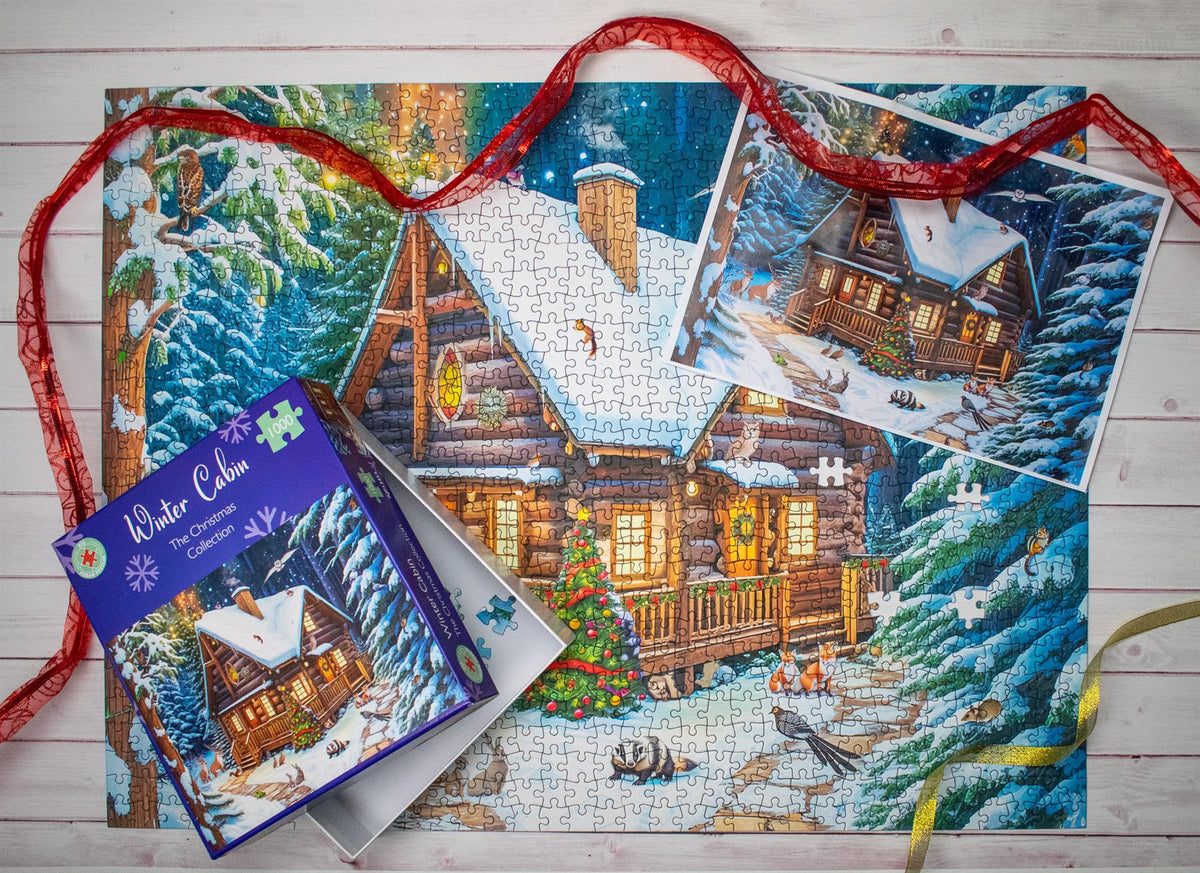 All Jigsaw Puzzles Winter Cabin 1000 Piece Jigsaw Puzzle – Snowy Woodland Scene with Festive Wildlife