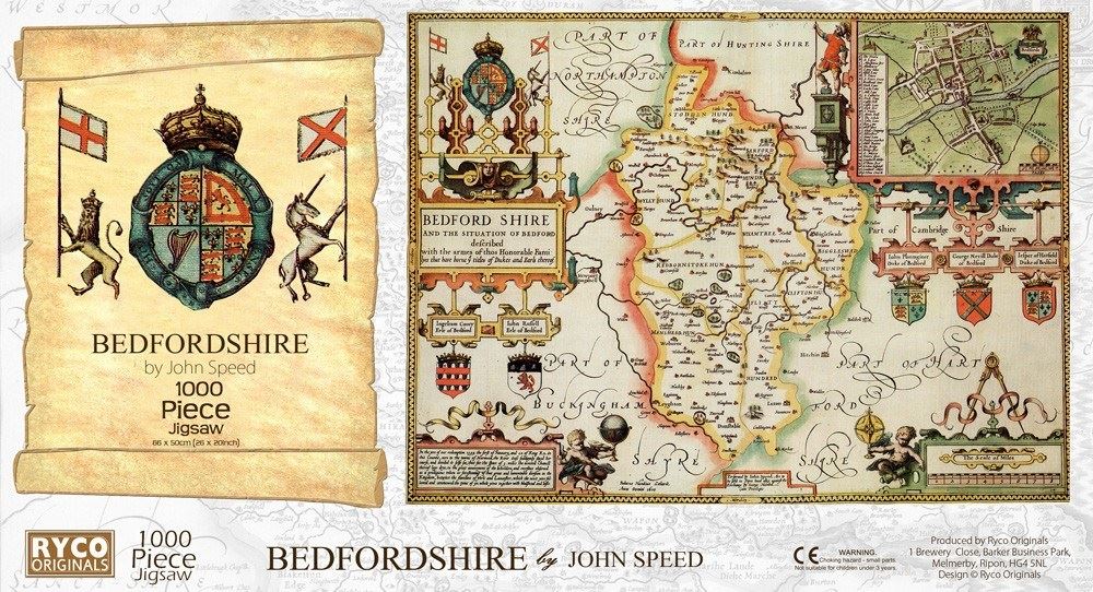 John Speed Bedfordshire Historical Map 1000 Piece Jigsaw Puzzle (1610) with A3 Guide Print – Antique Map