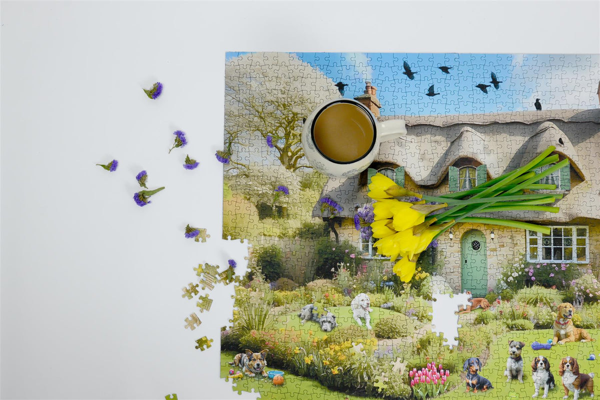 Dogs in a Spring Cottage Garden 1000 Piece Jigsaw Puzzle – Colourful Floral Dog Breeds Puzzle
