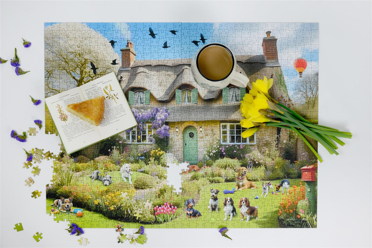 Dogs in a Spring Cottage Garden 1000 Piece Jigsaw Puzzle – Colourful Floral Dog Breeds Puzzle