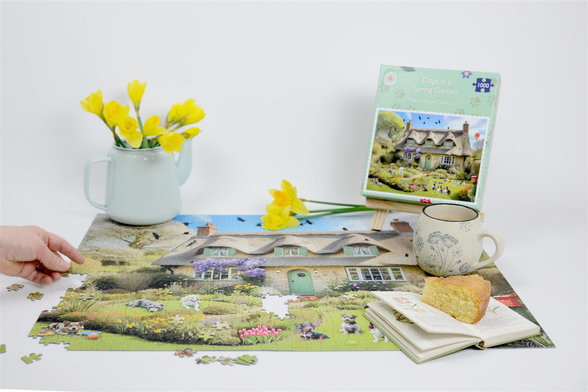 Dogs in a Spring Cottage Garden 1000 Piece Jigsaw Puzzle – Colourful Floral Dog Breeds Puzzle