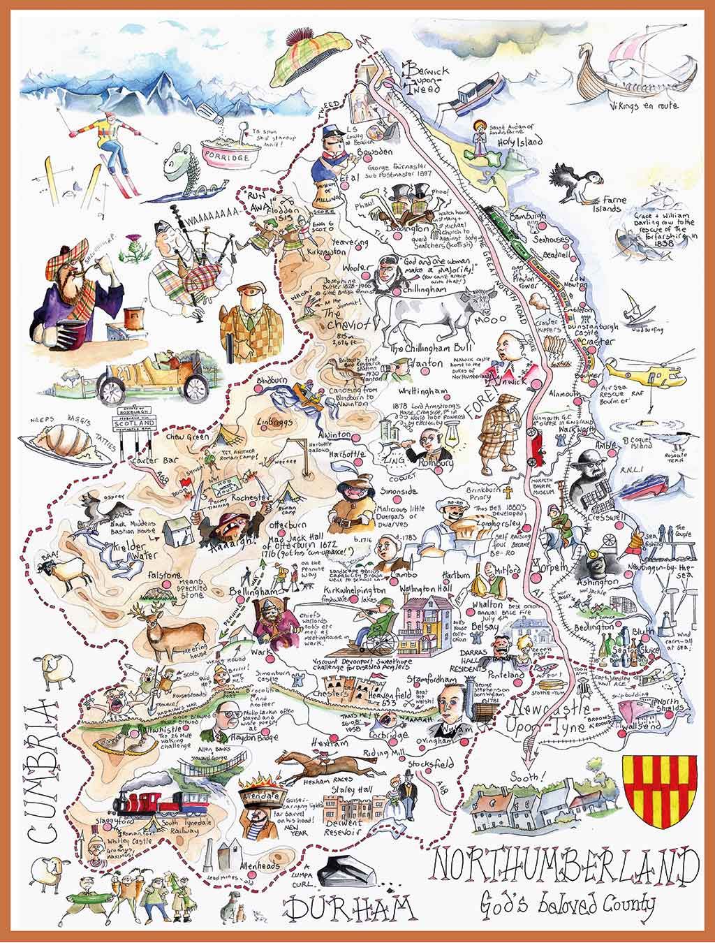 Tim Bulmer Northumberland 1000 Piece Jigsaw Puzzle – Funny County Map Full of Quirks, 66 x 50cm