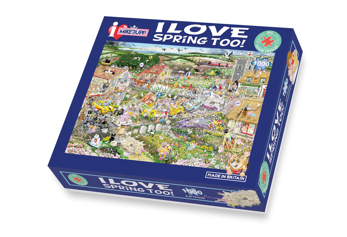 Mike Jupp I Love Spring Too 1000 Piece Jigsaw Puzzle – Chaotic Village Scene, Made in Britain, 66 x 50cm