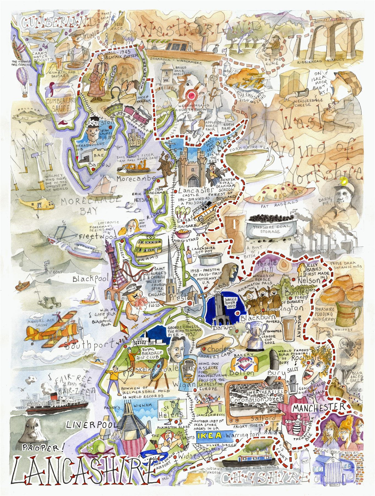 Tim Bulmer Proper Lancashire 1000 Piece Jigsaw Puzzle – Funny County Map Puzzle, 66 x 50cm