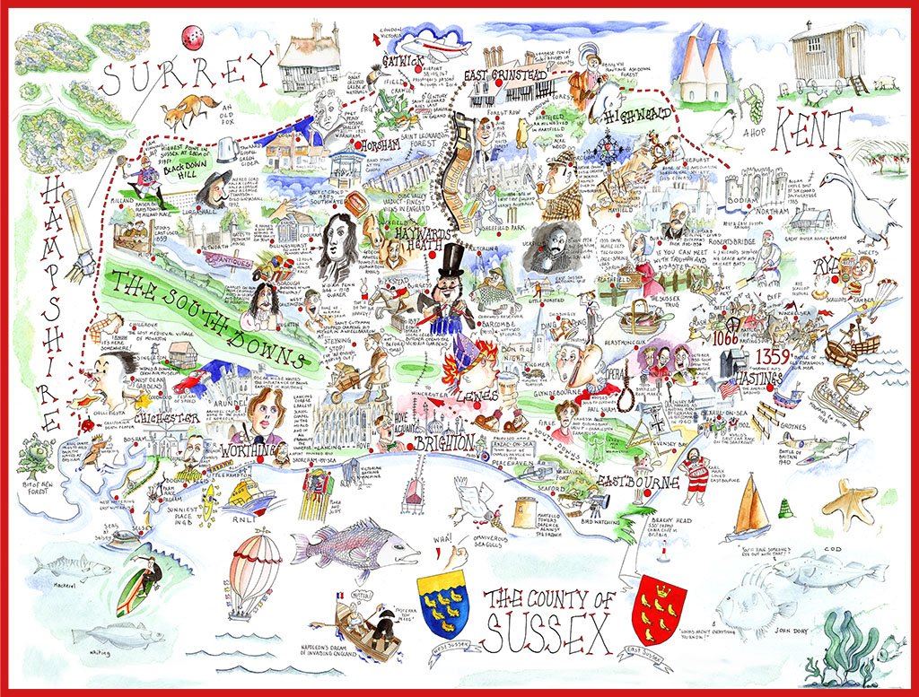 Tim Bulmer Sussex 1000 Piece Jigsaw Puzzle with Humorous County Facts – Funny Map Puzzle, 66 x 50cm