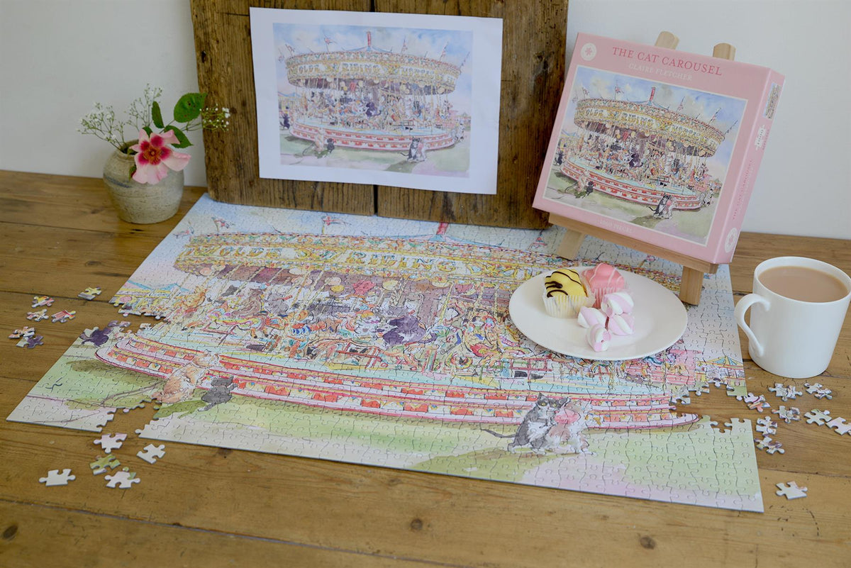 The Cat Carousel 1000 Piece Jigsaw Puzzle by Claire Fletcher – Fairground Cat Artwork, 66 x 50cm