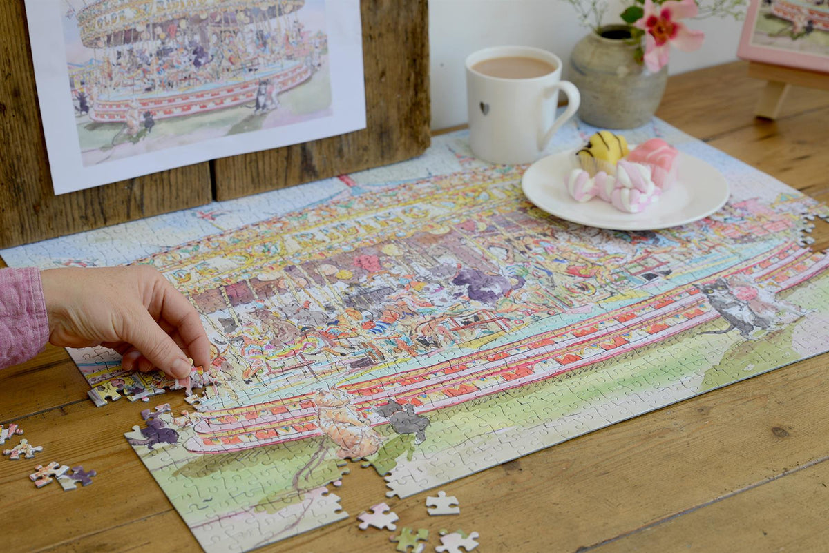 The Cat Carousel 1000 Piece Jigsaw Puzzle by Claire Fletcher – Fairground Cat Artwork, 66 x 50cm
