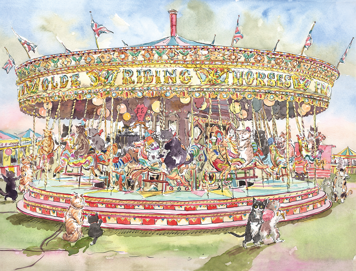 The Cat Carousel 1000 Piece Jigsaw Puzzle by Claire Fletcher – Fairground Cat Artwork, 66 x 50cm