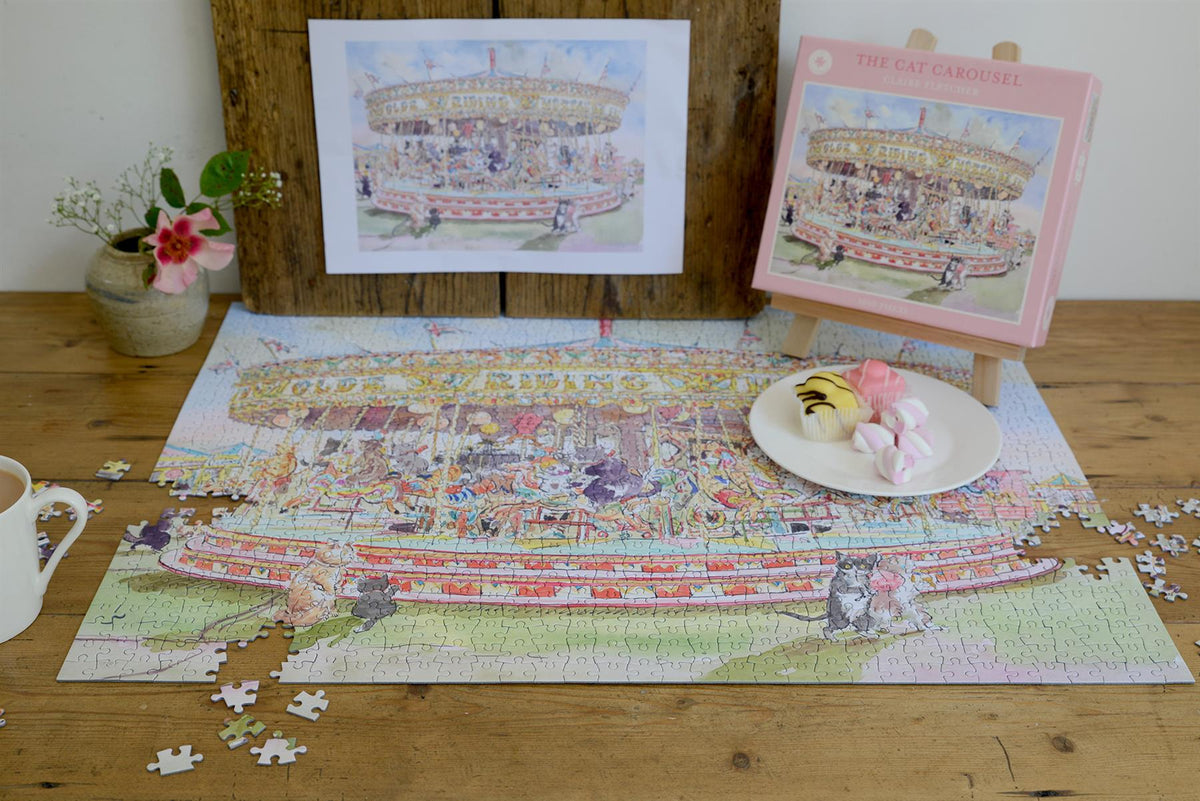 The Cat Carousel 1000 Piece Jigsaw Puzzle by Claire Fletcher – Fairground Cat Artwork, 66 x 50cm