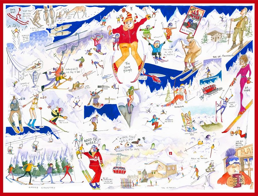 Tim Bulmer Skiing 1000 Piece Jigsaw Puzzle – Humorous Snow Sport Illustration, 66 x 50cm