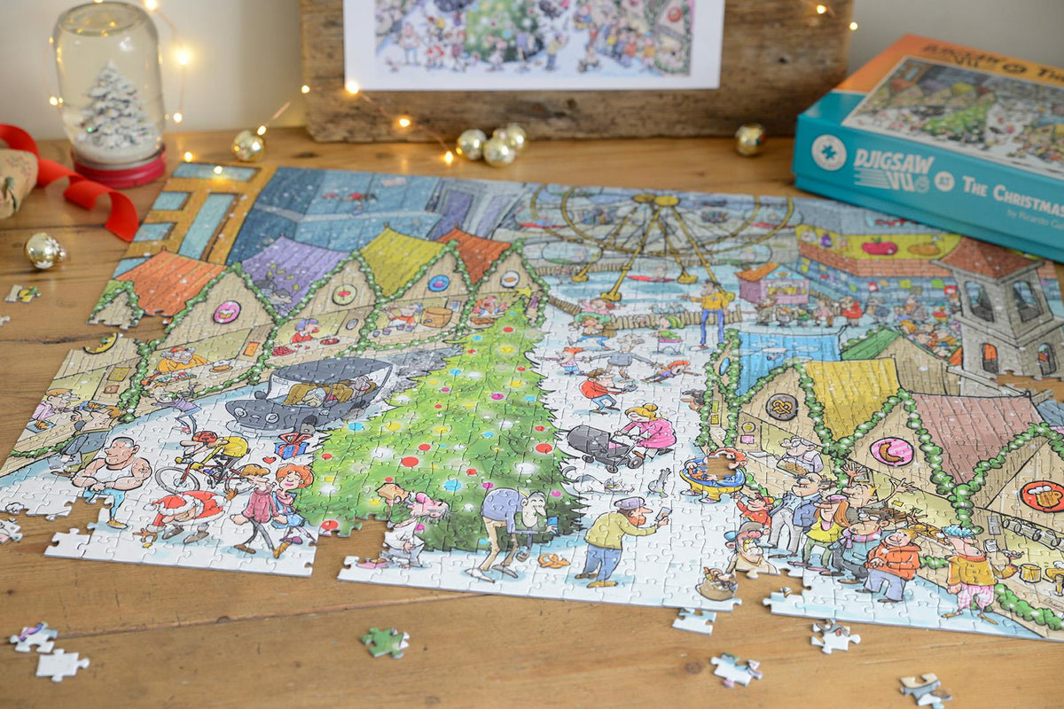 Djigsaw Vu at the Christmas Market 2 x 1000 Piece Jigsaw Puzzles – Then-and-Now Festive Scenes, Christmas Gift