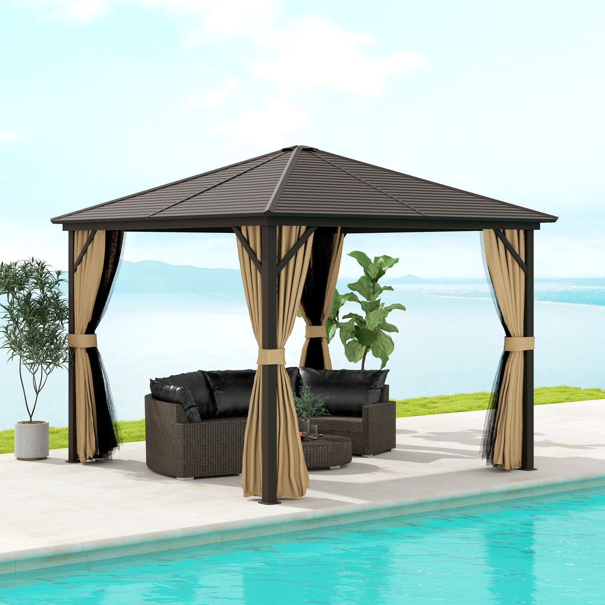 Outsunny 3x3m Hardtop Gazebo with Curtains & Insect Netting – Aluminium Frame Garden Shelter, Bronze/Brown
