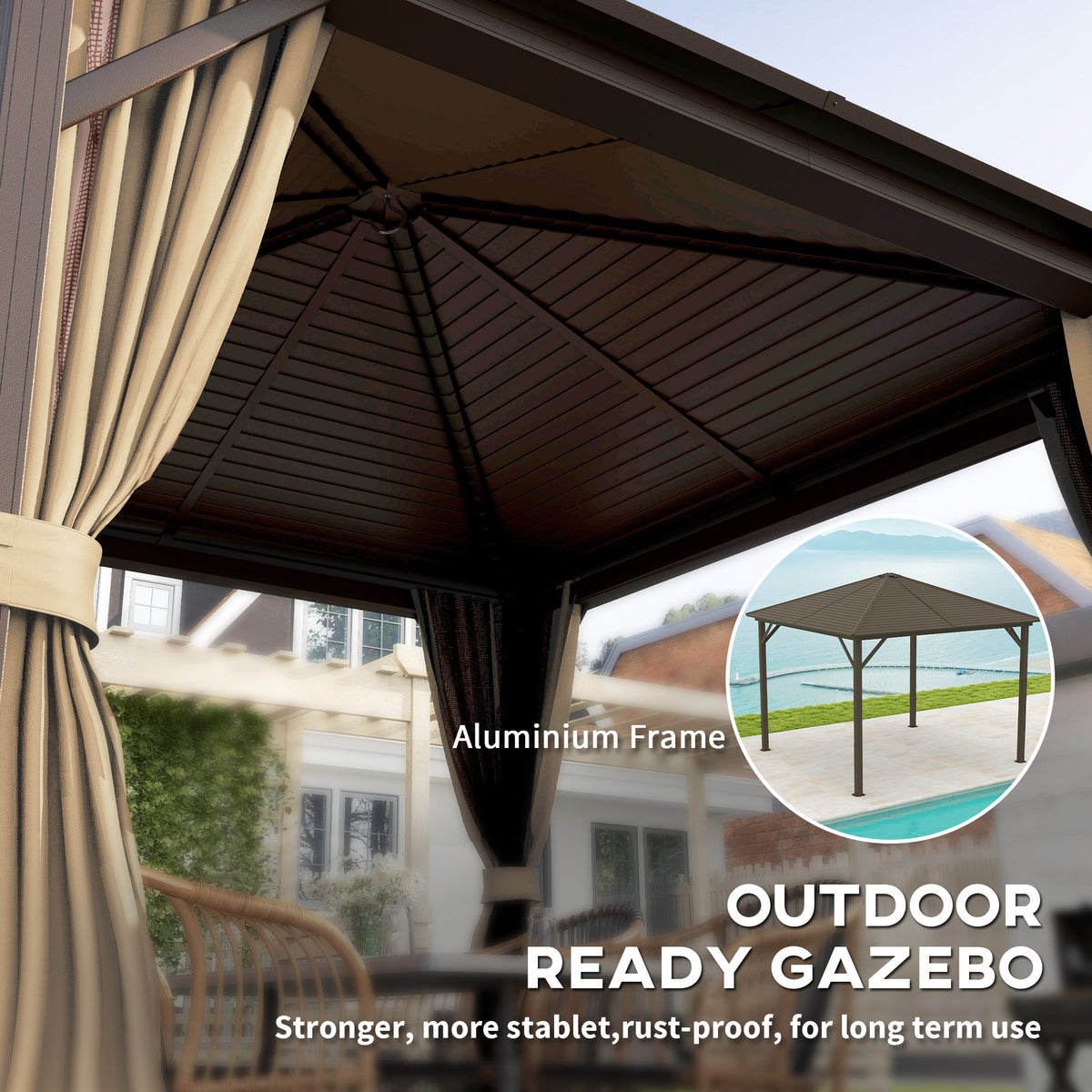 Outsunny 3x3m Hardtop Gazebo with Curtains & Insect Netting – Aluminium Frame Garden Shelter, Bronze/Brown