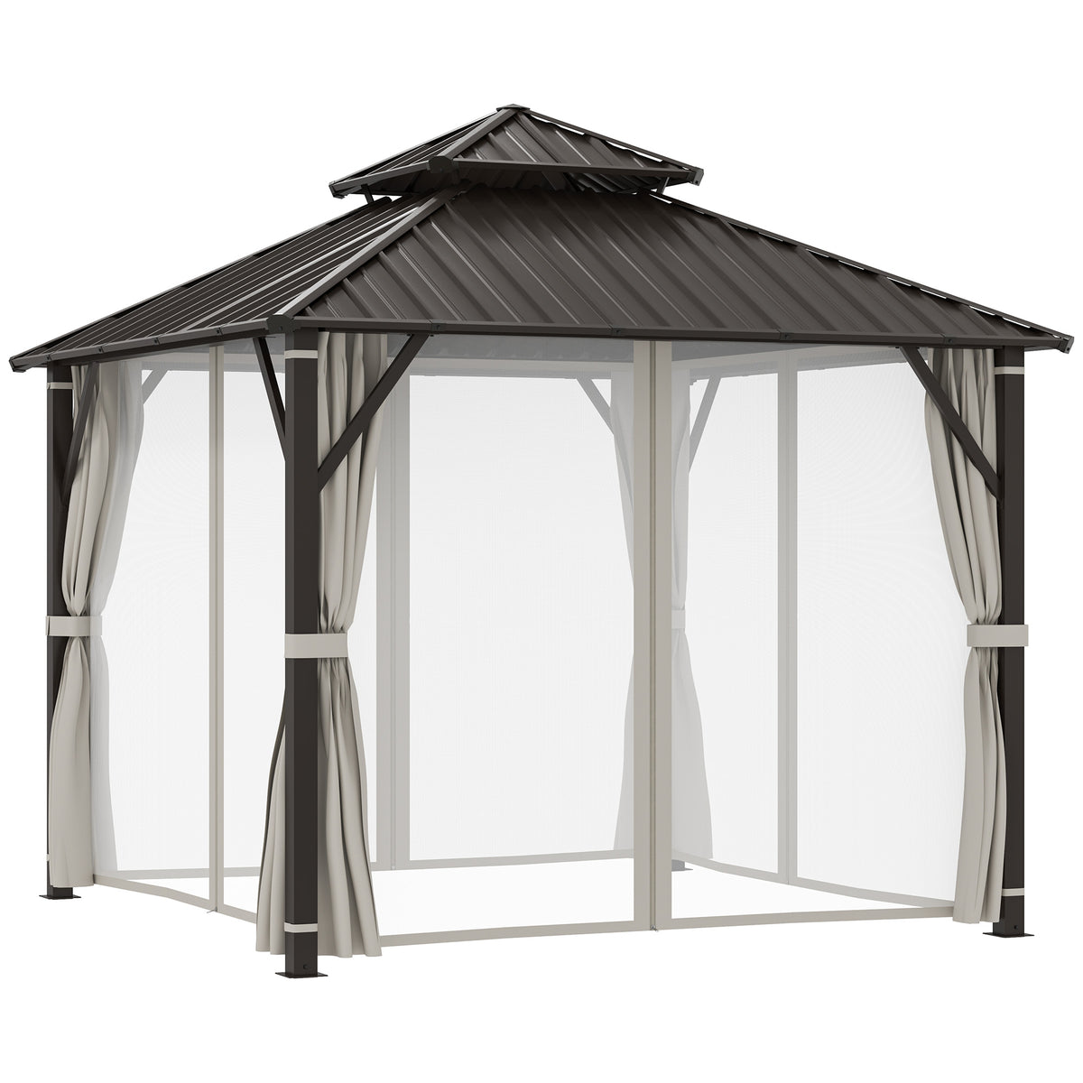 Outsunny 3x3m Hardtop Gazebo with Powder-Coated Metal Roof, Curtains & Mesh Netting – Garden Shelter, Beige