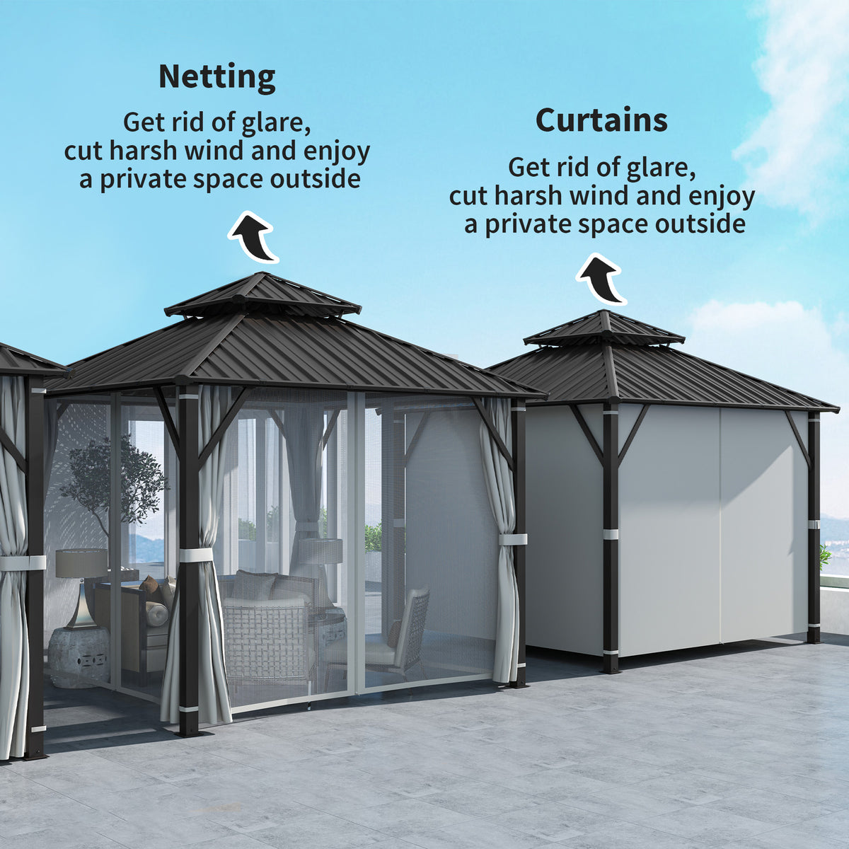 Outsunny 3x3m Hardtop Gazebo with Powder-Coated Metal Roof, Curtains & Mesh Netting – Garden Shelter, Beige