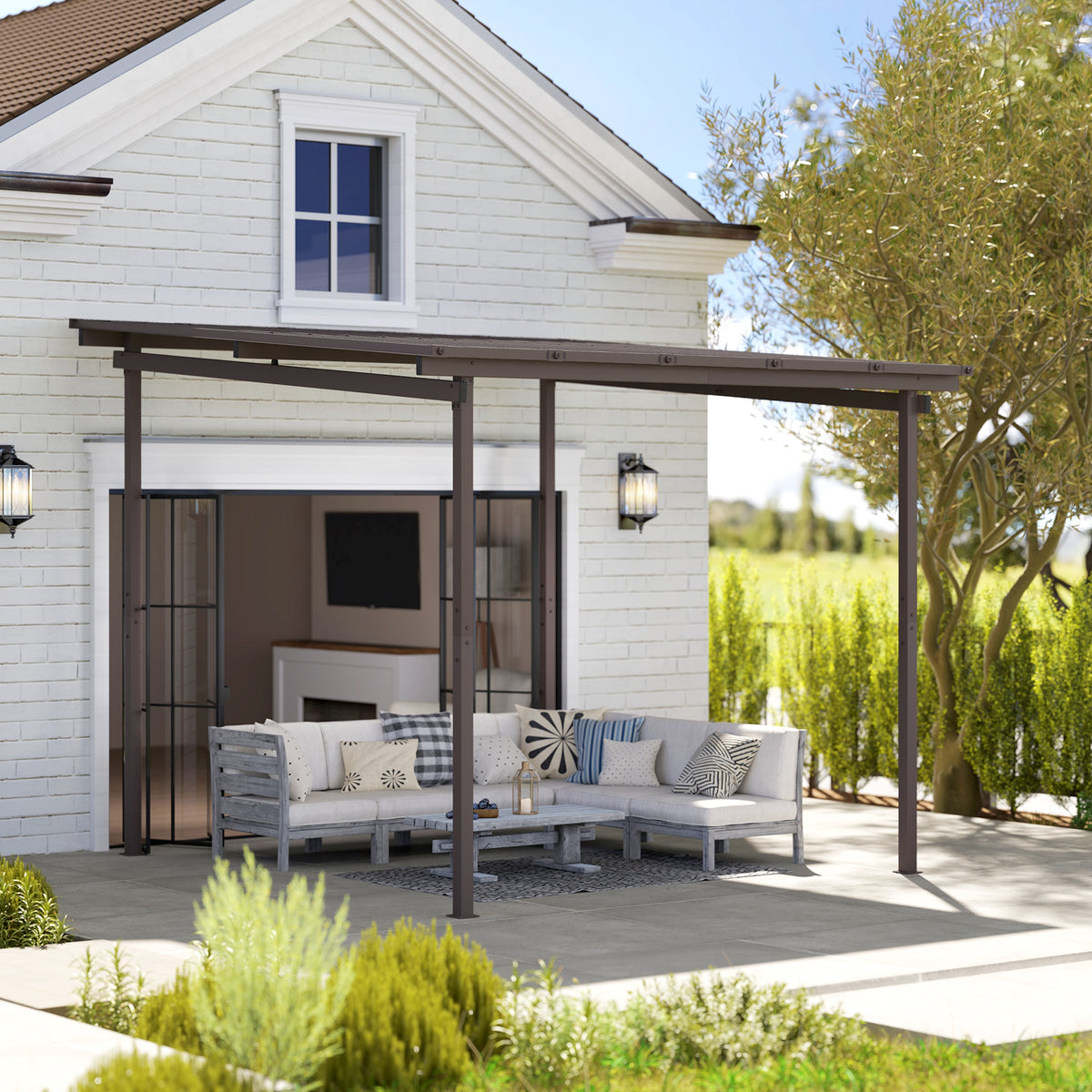 Outsunny 3 x 3m Metal Lean-To Pergola with Waterproof Sloped Roof, 60kg/m² Snow Load – Garden Shelter, Brown