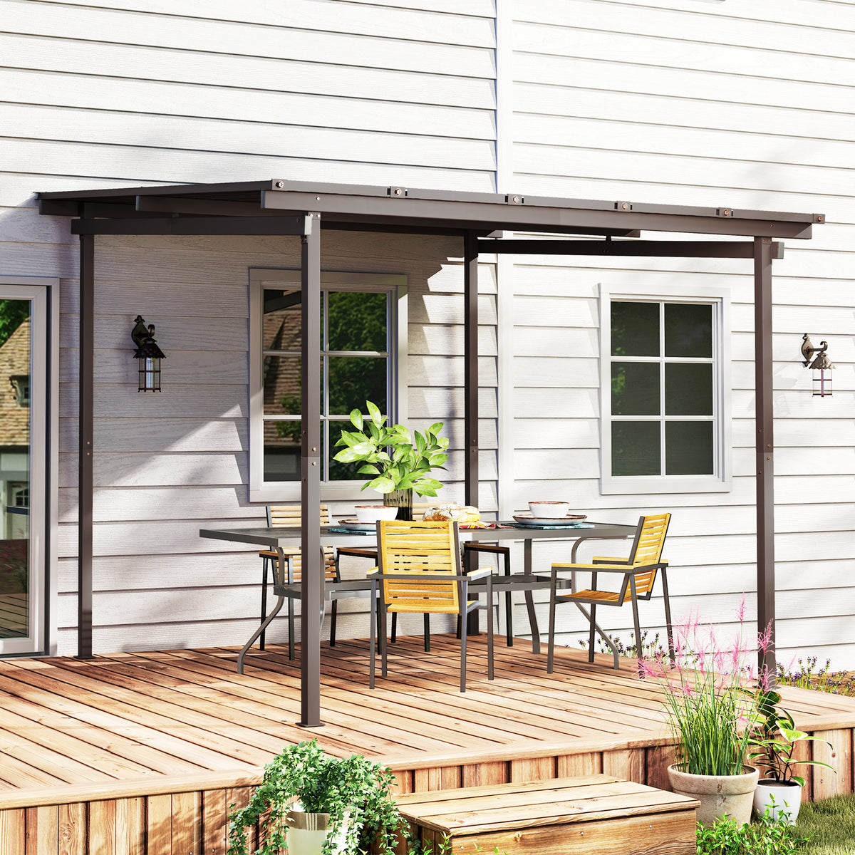 Outsunny 3 x 3m Metal Lean-To Pergola with Waterproof Sloped Roof, 60kg/m² Snow Load – Garden Shelter, Brown