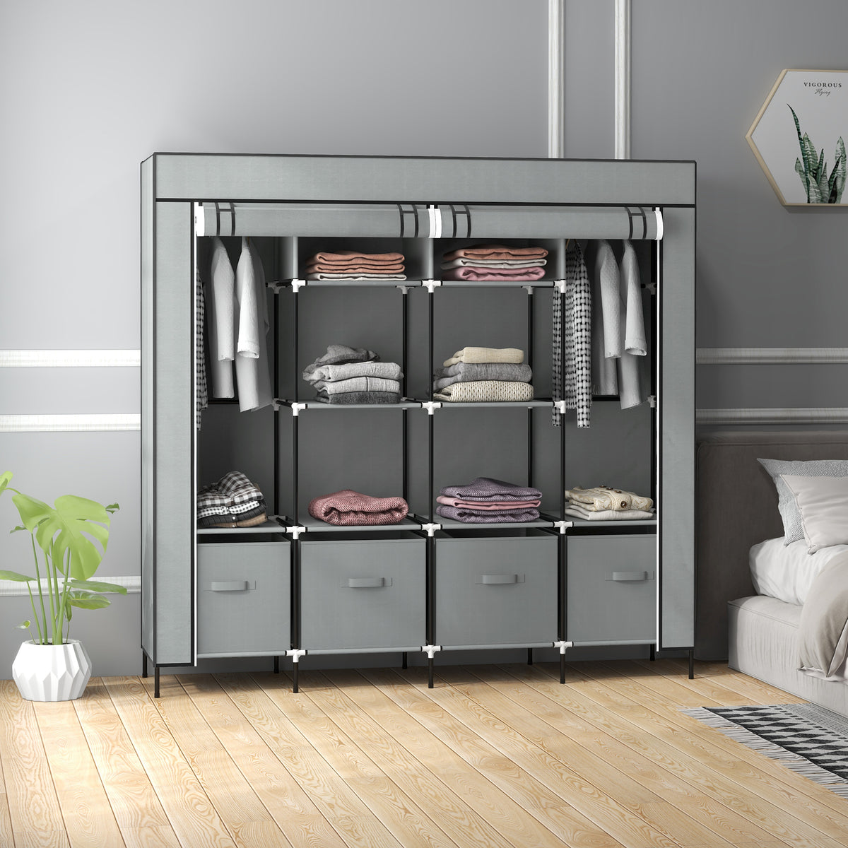 HOMCOM Foldable Fabric Wardrobe with 2 Hanging Rails, 10 Compartments & 4 Drawers – Bedroom Storage, Dark Grey