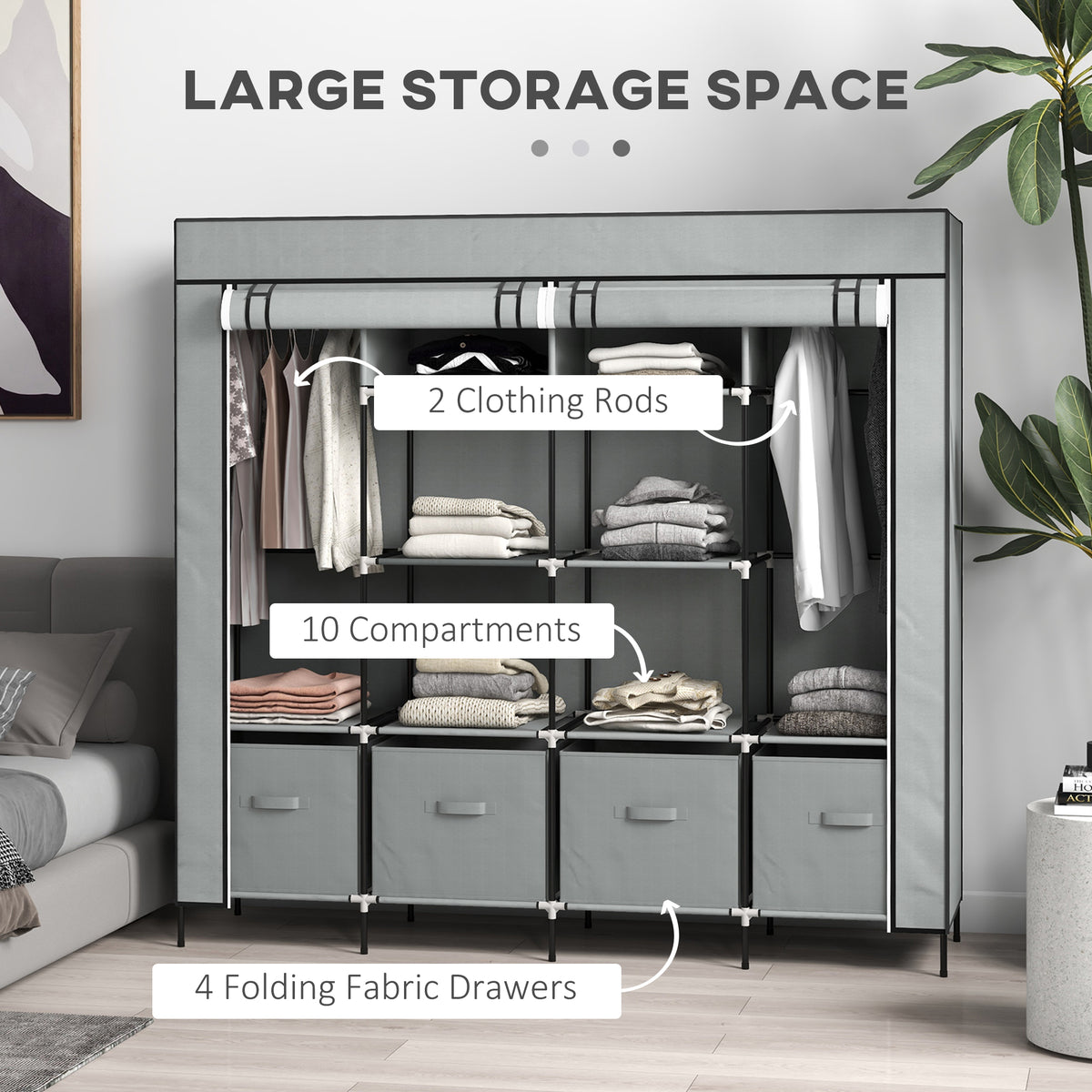HOMCOM Foldable Fabric Wardrobe with 2 Hanging Rails, 10 Compartments & 4 Drawers – Bedroom Storage, Dark Grey