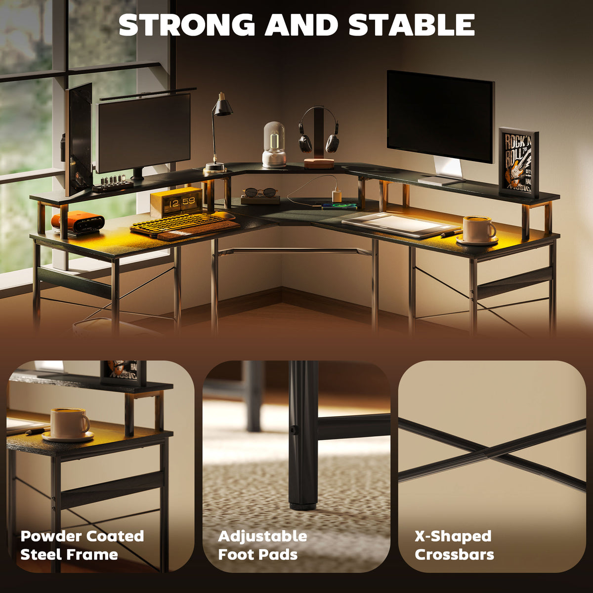 HOMCOM L-Shaped Corner Computer Desk with Monitor Stand & Power Outlets – Home Office Workstation, Black