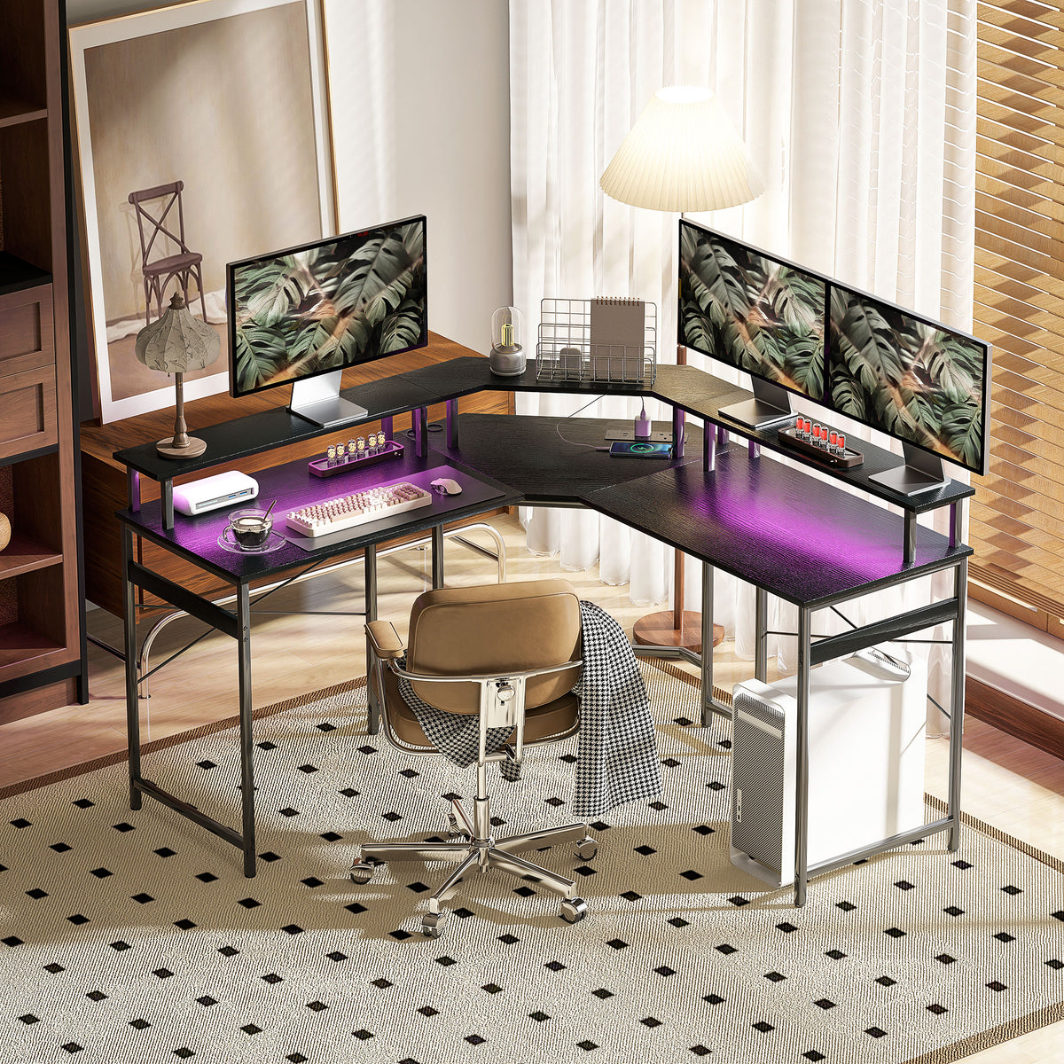 HOMCOM L-Shaped Corner Computer Desk with Monitor Stand & Power Outlets – Home Office Workstation, Black