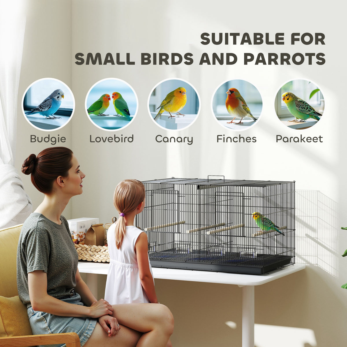 PawHut Bird Cage with Divider, 4 Wooden Perches, 4 Food Dishes & Slide Out Tray – Budgie Cage, Black