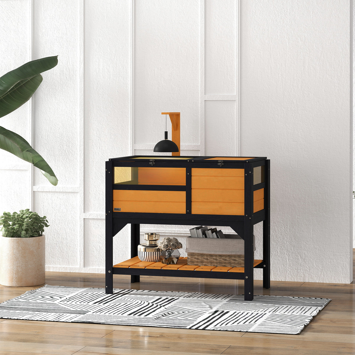 PawHut Wooden Tortoise House with Run, Hide Box, Shelf & Lamp Holder – Fir Wood Habitat, Yellow