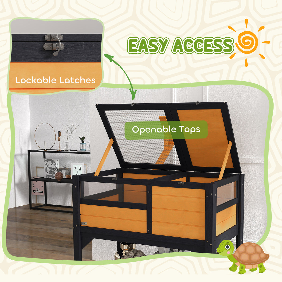 PawHut Wooden Tortoise House with Run, Hide Box, Shelf & Lamp Holder – Fir Wood Habitat, Yellow