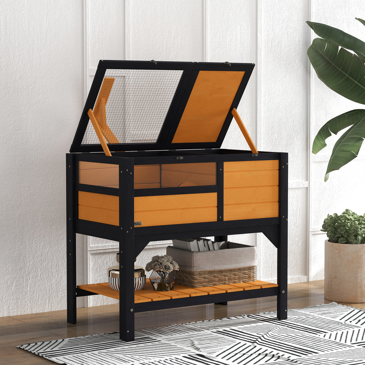 PawHut Wooden Tortoise House with Run, Hide Box, Shelf & Lamp Holder – Fir Wood Habitat, Yellow