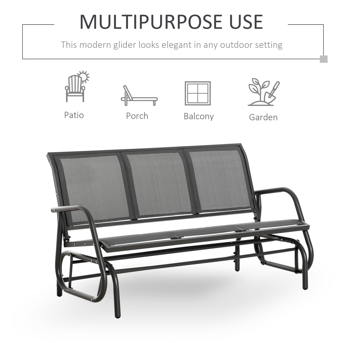 Outsunny 3-Seat Rocking Glider Garden Bench with Metal Frame and Texteline Panels – Outdoor Seating, Grey