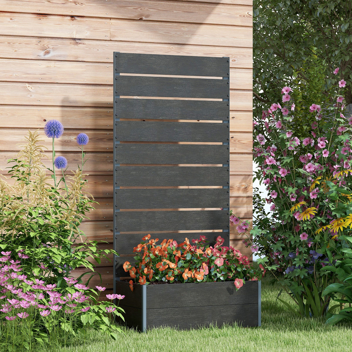 Outsunny Raised Garden Bed Planter Box with Trellis & Drainage Hole – Patio Planter for Vines & Herbs, Black