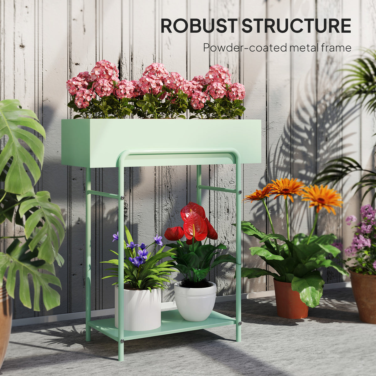 Outsunny Two-Tier Metal Plant Stand with Drain Holes and Top Fence – Indoor and Outdoor Pot Display, Green