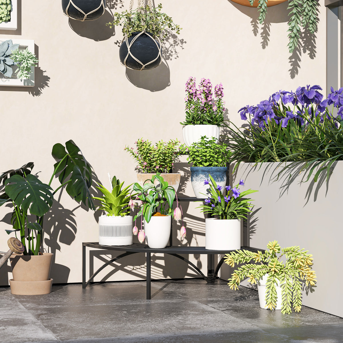 Outsunny 3 Tier Metal Corner Plant Stand – 90° Fan-Shaped Shelf for Garden, Balcony and Patio, Black