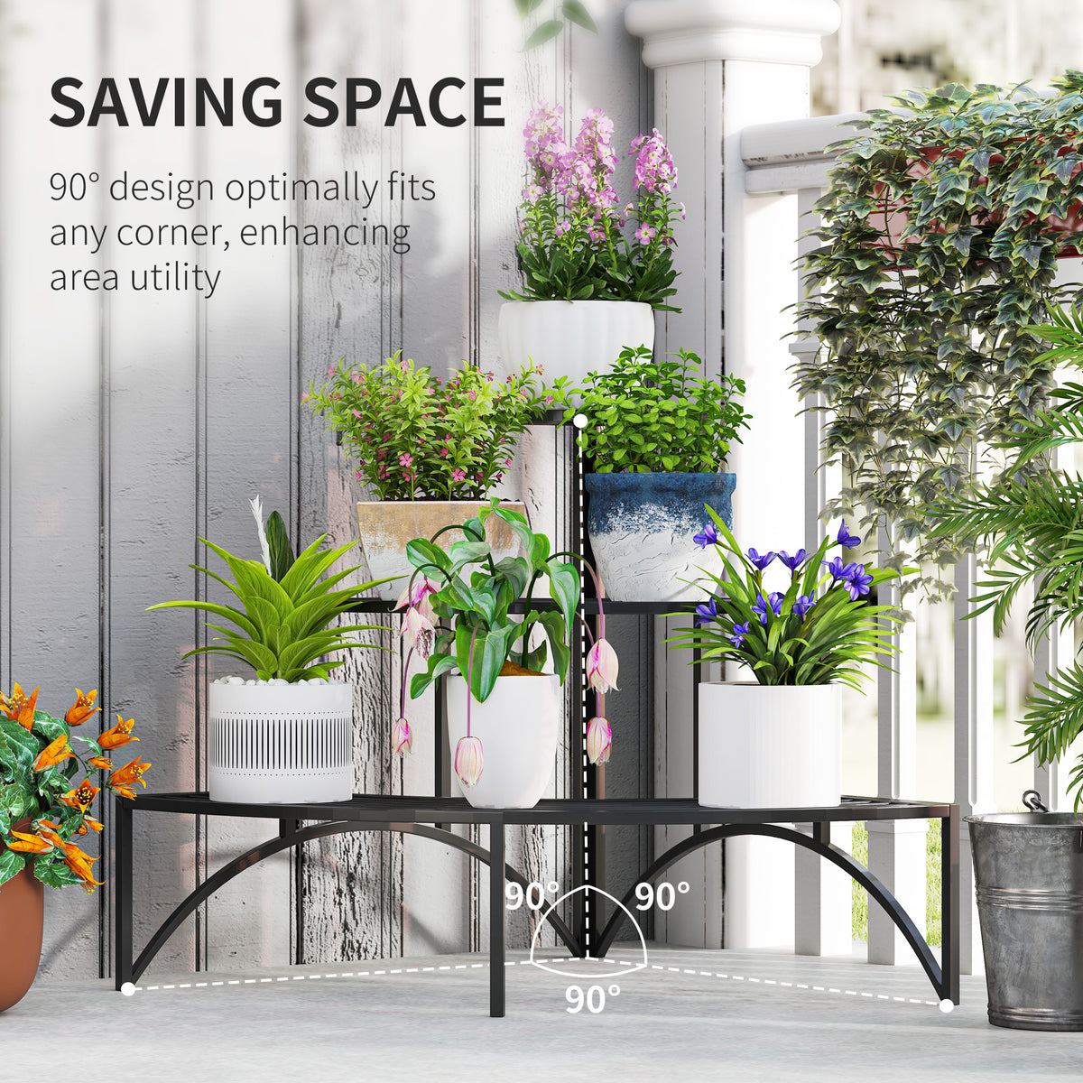 Outsunny 3 Tier Metal Corner Plant Stand – 90° Fan-Shaped Shelf for Garden, Balcony and Patio, Black