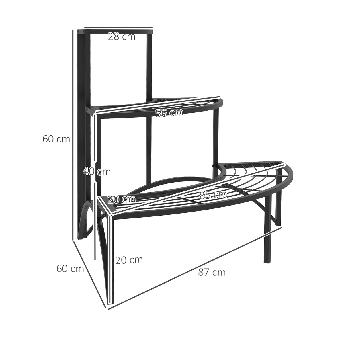 Outsunny 3 Tier Metal Corner Plant Stand – 90° Fan-Shaped Shelf for Garden, Balcony and Patio, Black