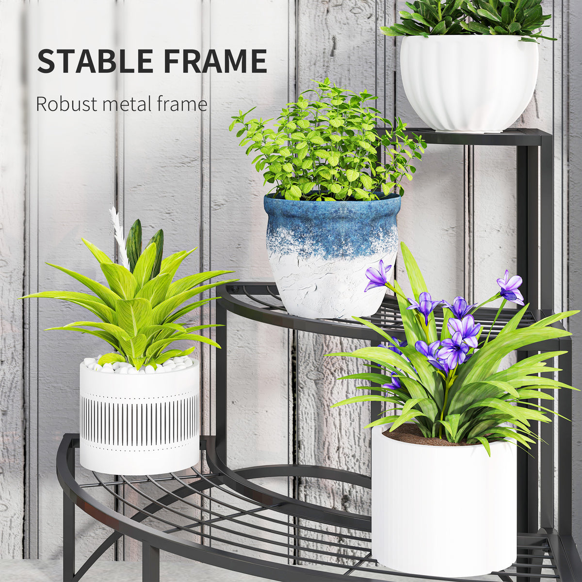 Outsunny 3 Tier Metal Corner Plant Stand – 90° Fan-Shaped Shelf for Garden, Balcony and Patio, Black