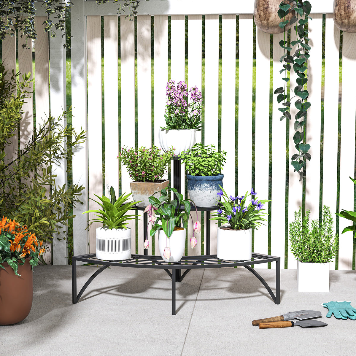 Outsunny 3 Tier Metal Corner Plant Stand – 90° Fan-Shaped Shelf for Garden, Balcony and Patio, Black