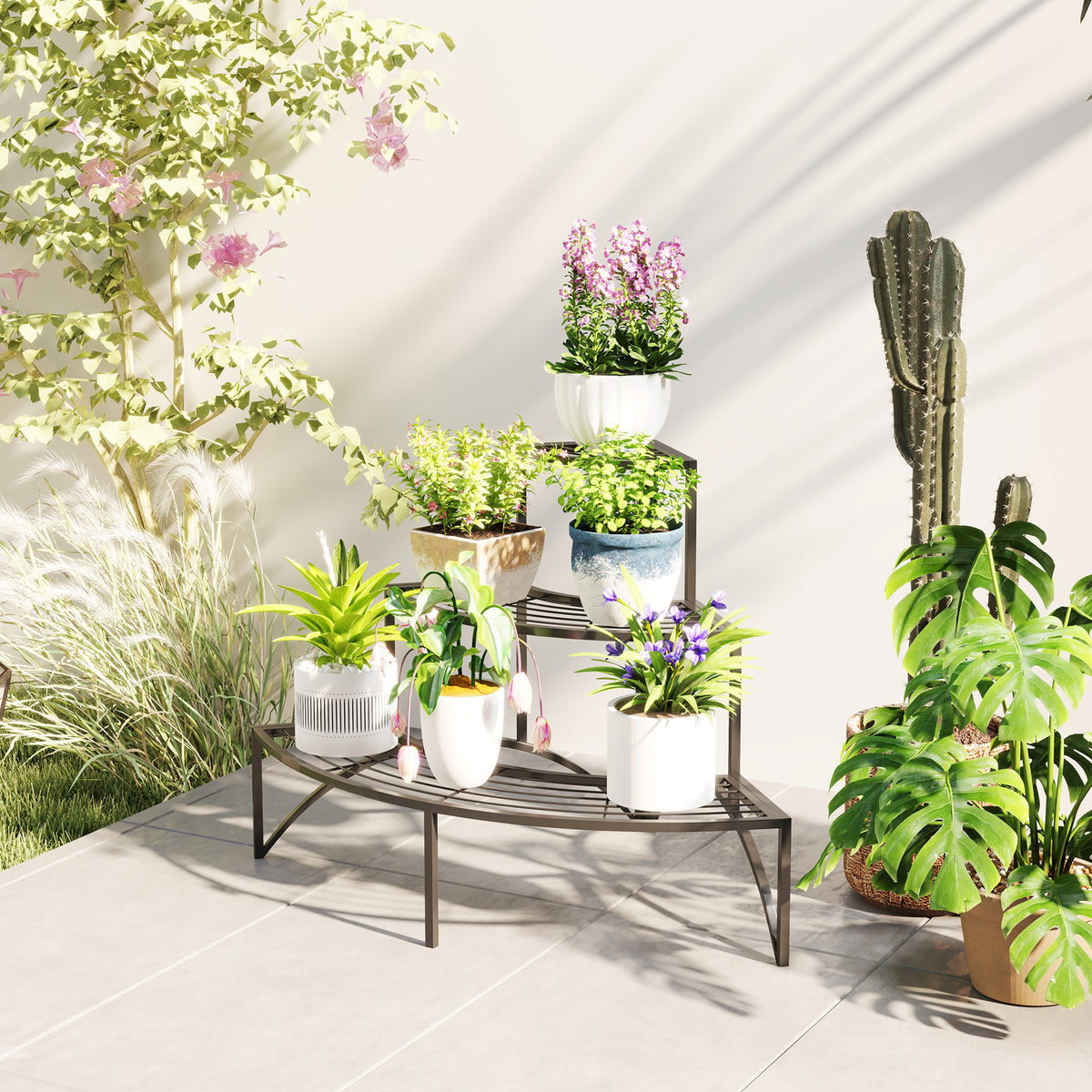 Outsunny 3 Tier Metal Corner Plant Stand – 90° Fan-Shaped Shelf for Garden, Balcony and Patio, Black