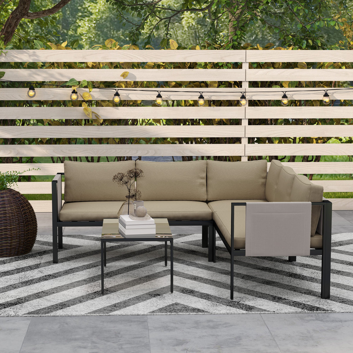 Outsunny 4-Piece Garden Furniture Set with Loveseats, Corner Sofa, Glass Coffee Table & Mesh Pockets – Khaki