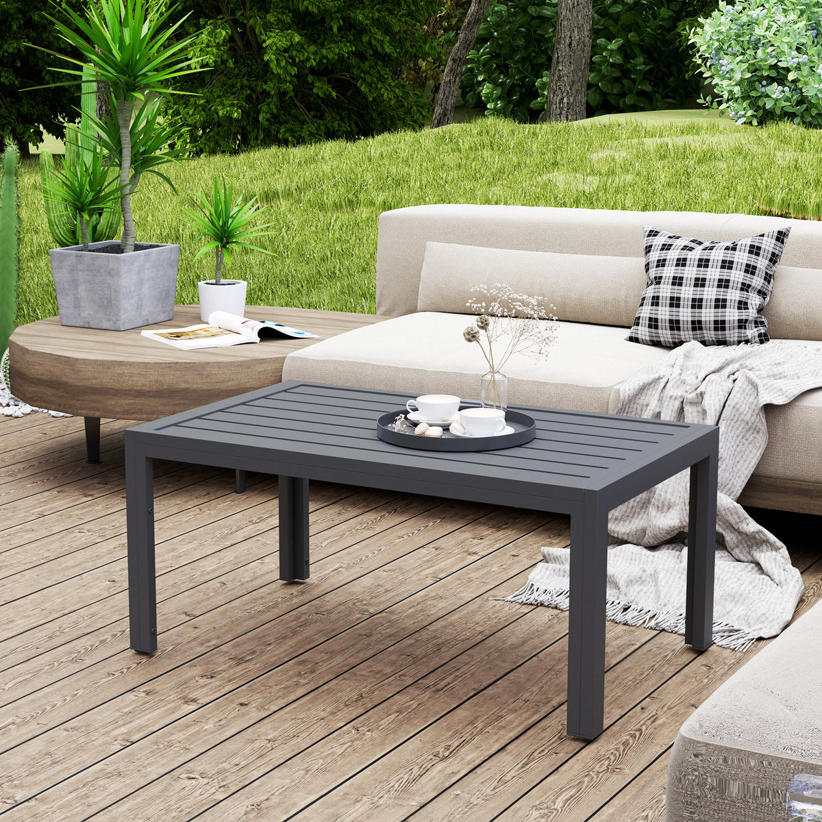 Outsunny Outdoor Side Table with Galvanised Steel Frame & Slatted Top – Patio Garden Table, Grey