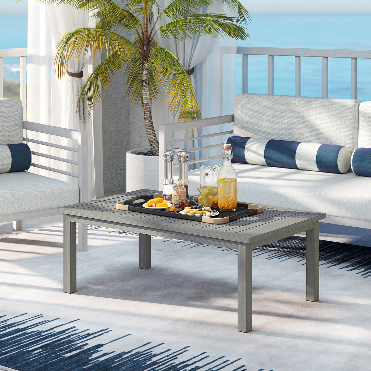 Outsunny Aluminium Outdoor Coffee Table, 100 x 60cm with Slatted Top – Patio Garden Table, Grey Wood Effect