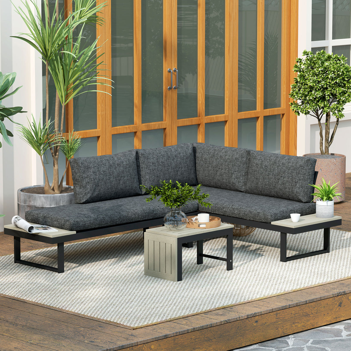 Outsunny 4-Seater L-Shaped Aluminium Garden Furniture Set with Coffee Table – Convertible Loveseats, Charcoal